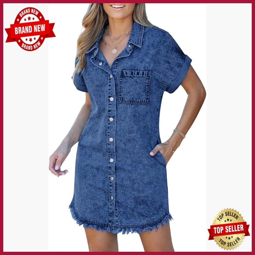 Denim Dress with Pockets, Button Down, Short Sleeves, Casual Summer